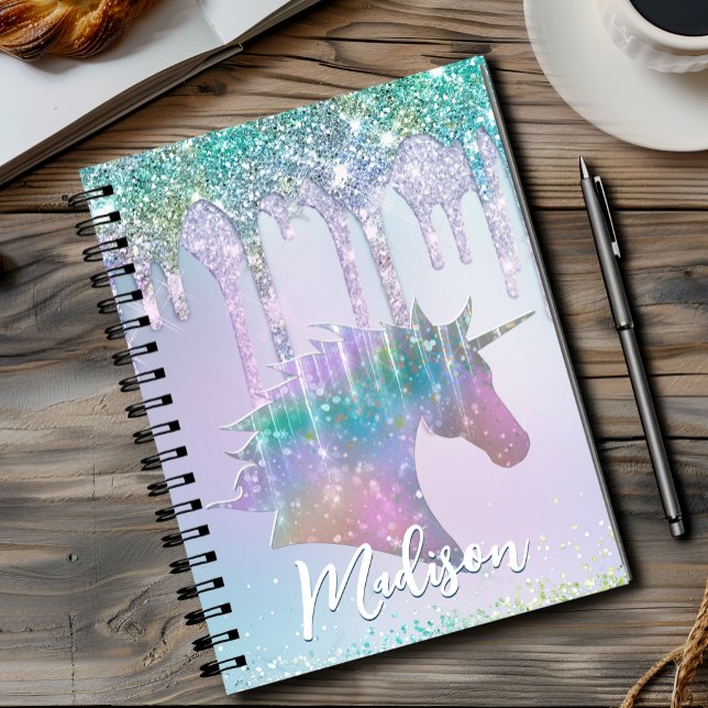 Cuaderno Monograma elegante de unicornio con gotas de brill (Subido por el creador)