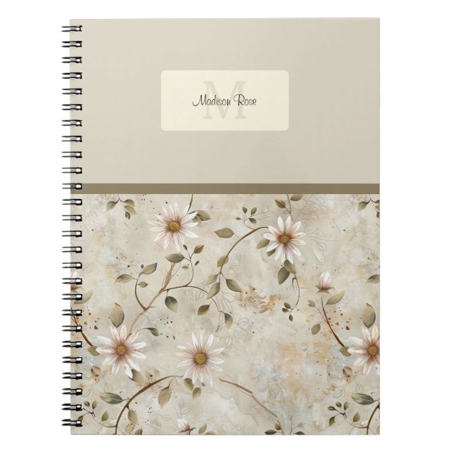 Cuaderno Monograma elegante del patrón de margarita floral (Frente)