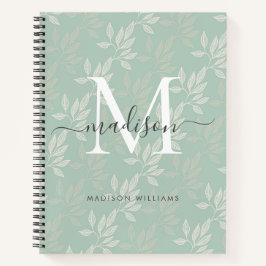 Cuaderno Monograma Elegante Hojas Botánicas Verde Turquesa 