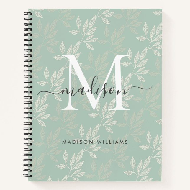 Cuaderno Monograma Elegante Hojas Botánicas Verde Turquesa  (Anverso)