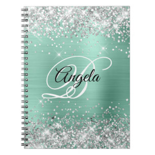Cuaderno Monograma Elegante Luz Teal Brillo Plateado Metáli