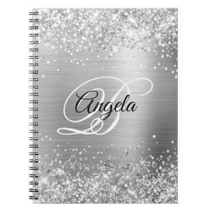 Cuaderno Monograma Elegante Metálico Plateado Brillante