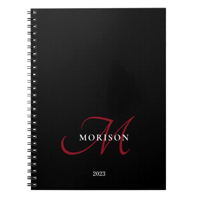 Cuaderno Monograma elegante moderno de escritura roja negra (Frente)