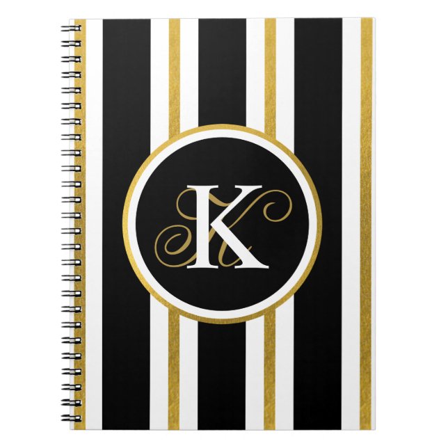 Cuaderno Monograma elegante personalizado de franjas de oro (Frente)
