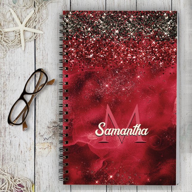 Cuaderno Monograma elegante purpurina de oro negro rojo (Subido por el creador)