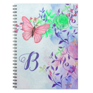 Cuaderno Monograma elegante Rubor Mariposa rosa Floral