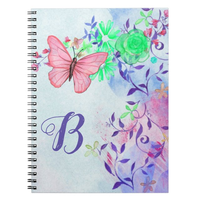 Cuaderno Monograma elegante Rubor Mariposa rosa Floral (Frente)