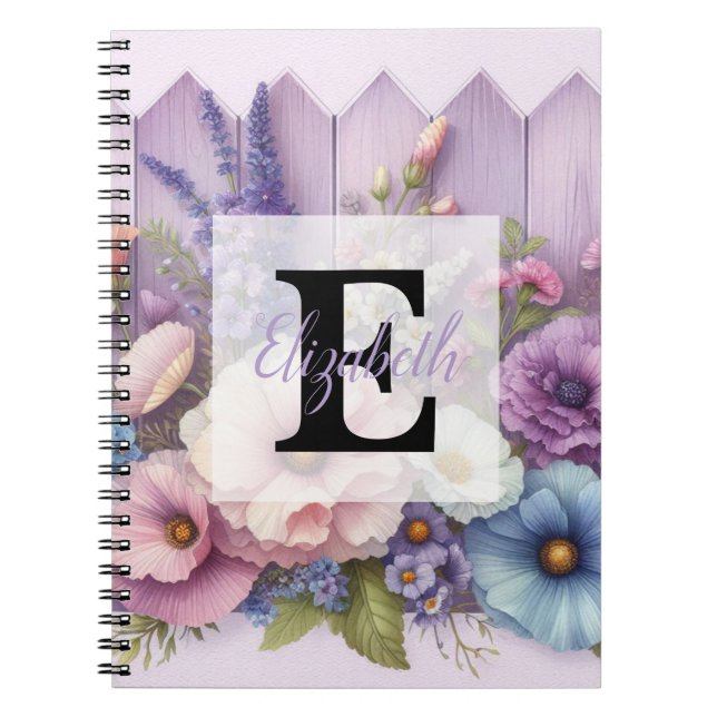 Cuaderno Monograma en acuarela, flores pastel en madera mor (Frente)