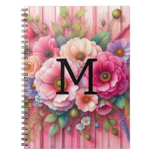 Cuaderno Monograma en acuarela, flores pastel sobre madera