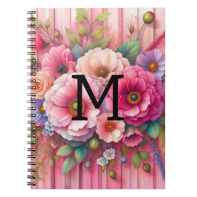 Cuaderno Monograma en acuarela, flores pastel sobre madera  (Frente)