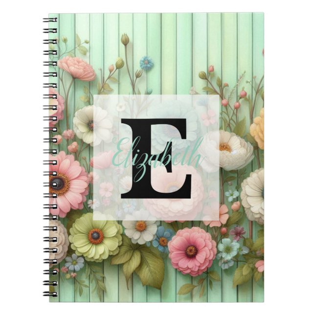 Cuaderno Monograma en acuarela flores pastel sobre madera v (Frente)