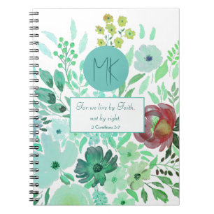 Cuaderno Monograma Escritura Acuarela Floral Verde Aguamari