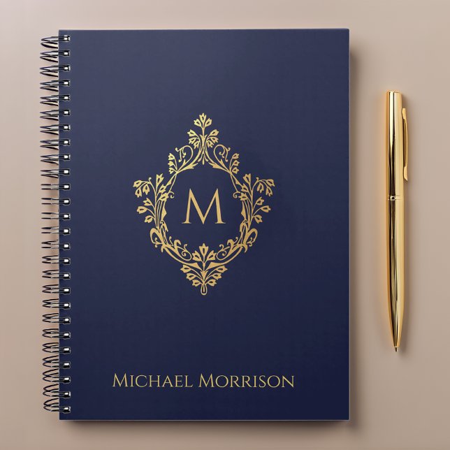 Cuaderno Monograma Escudo Navy Blue Faux Gold Elegant Nombr (Subido por el creador)