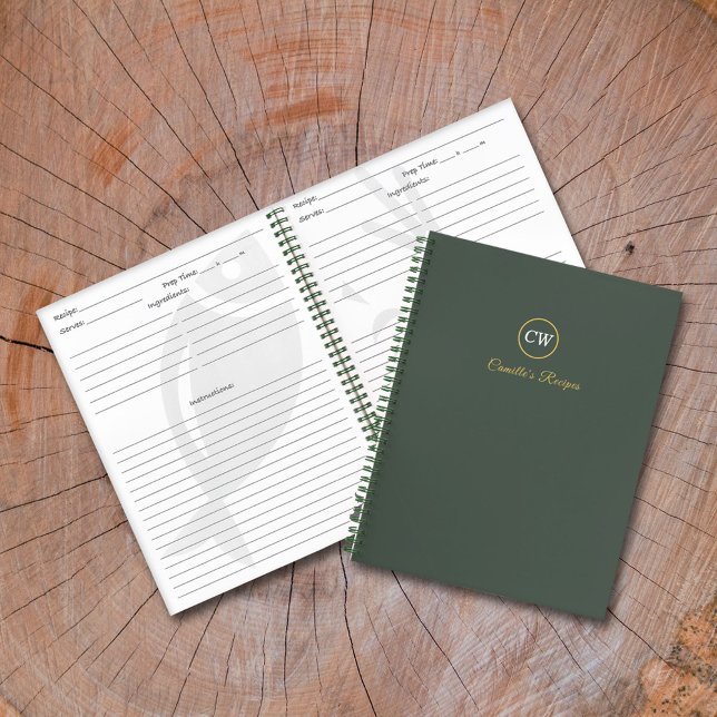 Cuaderno Monograma estilo oro y verde forestal (Monogram Stylish Gold & Forest Green Notebook)