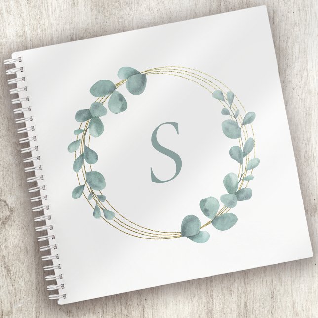 Cuaderno Monograma Eucalyptus Greenery Wreath Purpurina Oro (Subido por el creador)