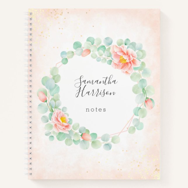 Cuaderno Monograma Eucalyptus Peony Floral Wreath Peach Sag (Anverso)