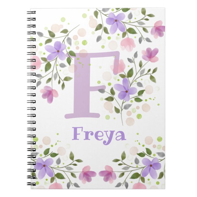 Cuaderno Monograma F & Name Freya con flores (Frente)