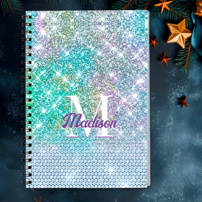 Cuaderno Monograma falso brillante de unicornio turquesa li (Subido por el creador)