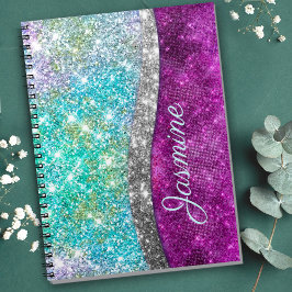 Cuaderno Monograma falso brillante iridiscente púrpura azul