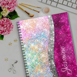 Cuaderno Monograma falso brillante plateado rosa iridiscent