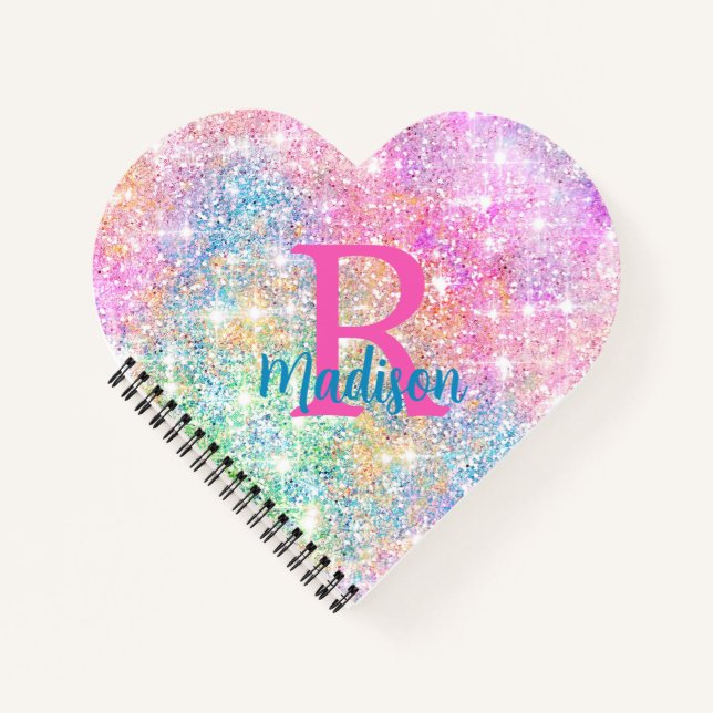Cuaderno Monograma falso brillante rosa unicornio iridiscen (Anverso)