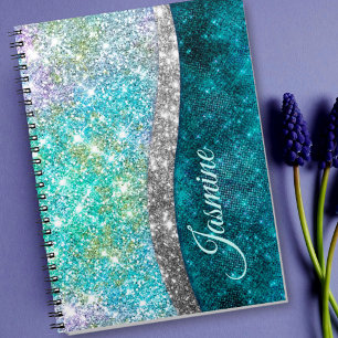 Cuaderno Monograma falso brillante turquesa iridiscente lin