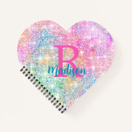 Cuaderno Monograma falso brillo rosa unicornio iridiscente 