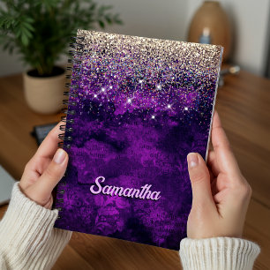 Cuaderno Monograma falso de purpurina dorada morada linda