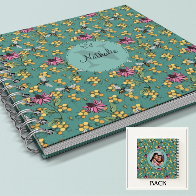 Cuaderno Monograma femenino Verde azulado moderno de abeja  (Beautiful Nature Queen Bee, Honeycomb & Pink Exotic Flower Monogram & Name Custom Square Notebook. )