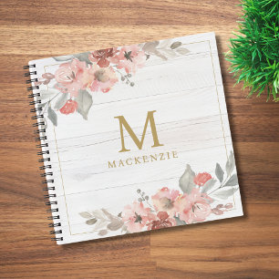 Cuaderno Monograma Floral Acuarela Rosa Madera Rústica