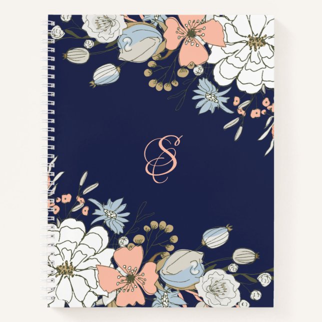Cuaderno Monograma floral azul rosado Rubor de la Marina Pe (Anverso)