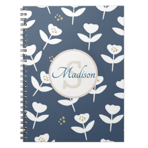 Cuaderno Monograma floral azul y blanco lindo Nombre Farmho