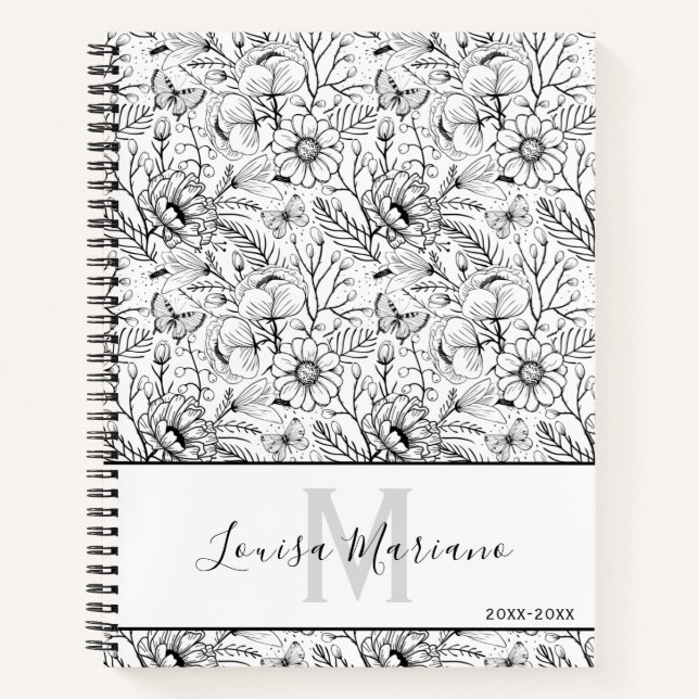 Cuaderno Monograma floral blanco y negro (Anverso)