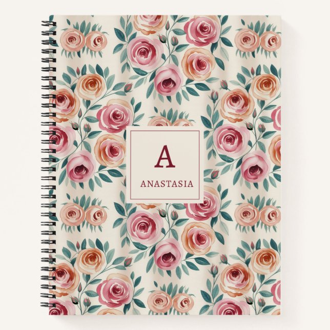 Cuaderno Monograma Floral Bonito de Acuarela Elegante (Anverso)