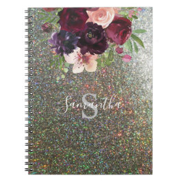 Cuaderno Monograma floral borgoñoso y rosa - Purpurina plat