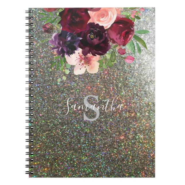 Cuaderno Monograma floral borgoñoso y rosa - Purpurina plat (Frente)