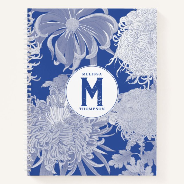 Cuaderno Monograma floral Chinoiserie azul blanco (Anverso)