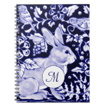 Monograma Floral Clásico Azul y Blanco Conejo y Pá