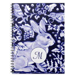 Cuaderno Monograma Floral Clásico Azul y Blanco Conejo y Pá