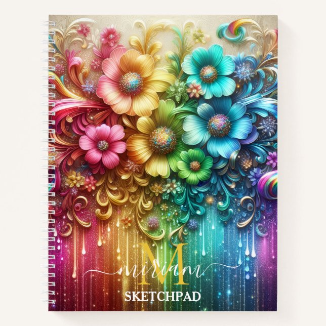 Cuaderno Monograma floral de arcoíris femenino (Anverso)