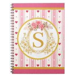 Cuaderno Monograma floral de corazones y rosas rosadas eleg