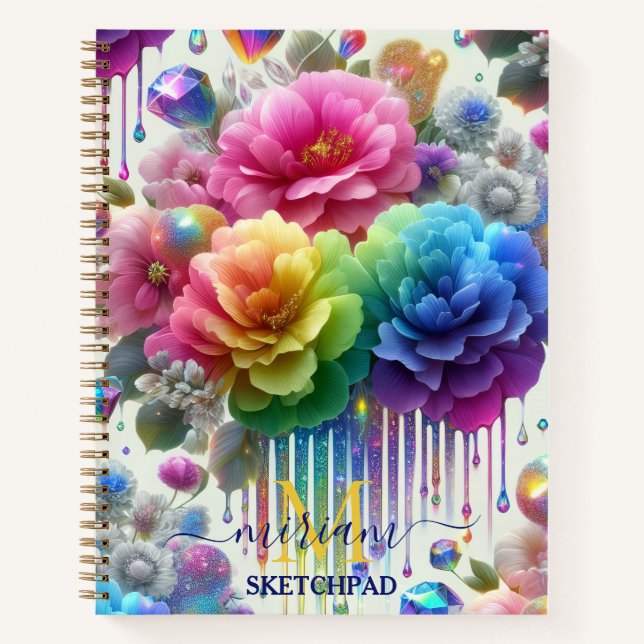 Cuaderno Monograma floral de flores de arcoíris femenino (Anverso)