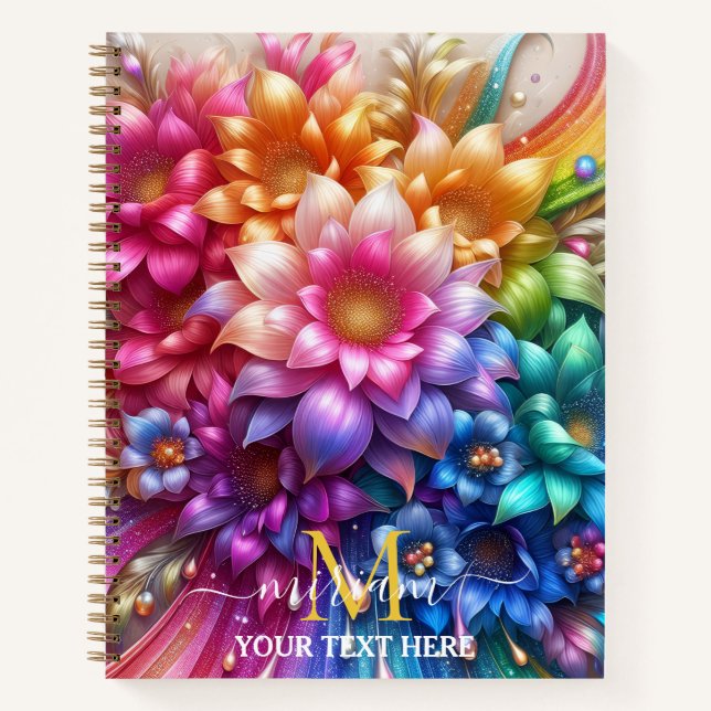 Cuaderno Monograma floral de flores de arcoíris femenino (Anverso)