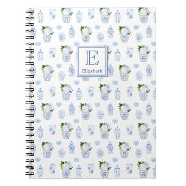 Cuaderno Monograma Floral de Jar de jengibre azul y blanco  (Frente)