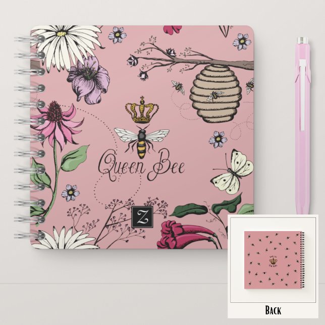 Cuaderno Monograma floral de la reina rosada de Rubor Giron (Royal Queen Bee Hand-Drawn Design & Monogram
On the Back: Pattern & Editable "Mommy You Rule" Text)