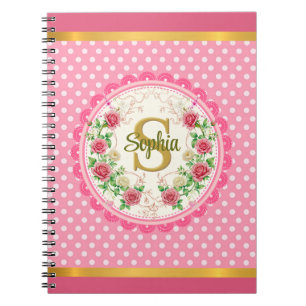 Cuaderno Monograma floral de lunares rosados y rosas chic