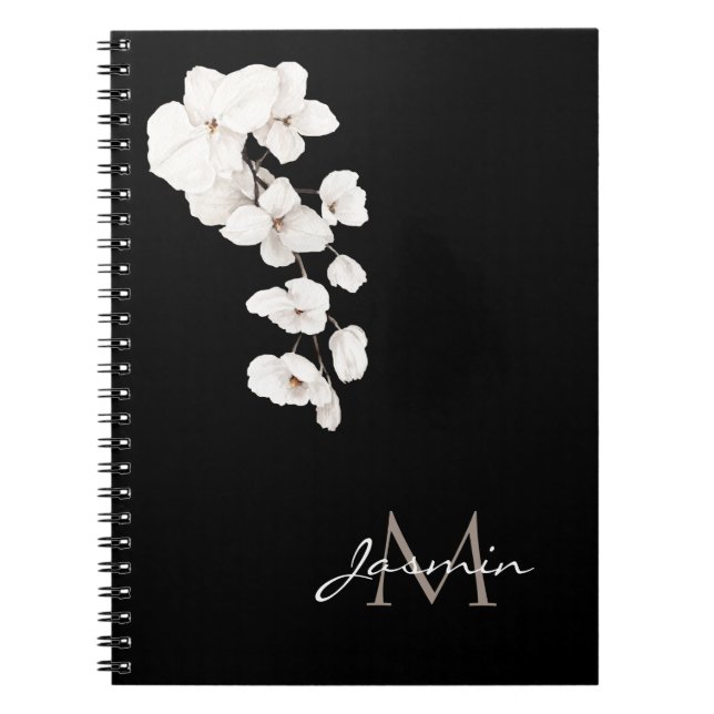 Cuaderno Monograma floral de orquídeas blancas y negras mod (Frente)