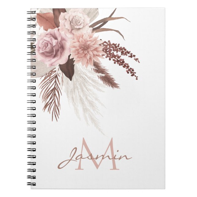 Cuaderno Monograma Floral de Pampas Rosa Boho (Frente)