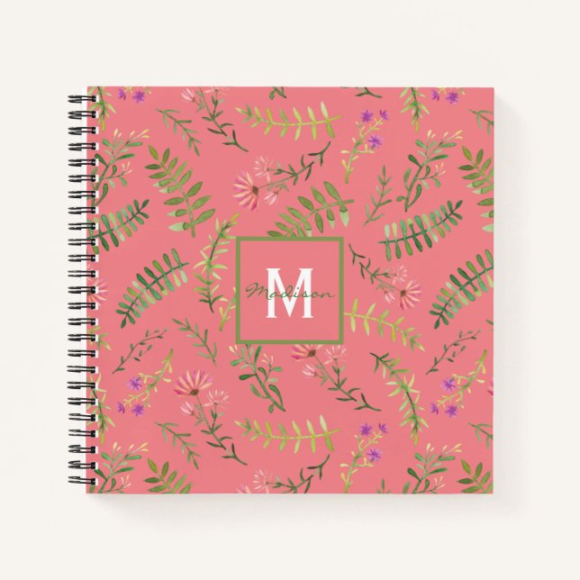 Cuaderno Monograma floral de primavera rosada (Anverso)