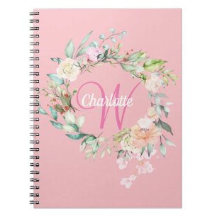 Cuaderno Monograma floral de rosas bonitas rosadas